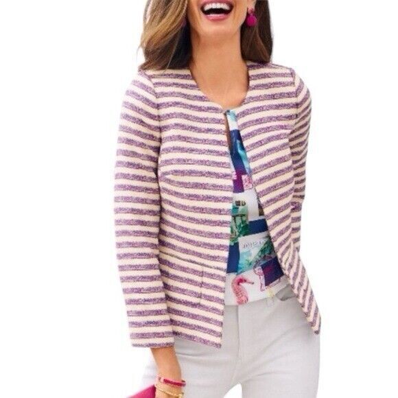NEW Talbots Women’s Size 8 Pink Blue White Striped Blazer Cotton Jacket Tweed - Picture 2 of 16